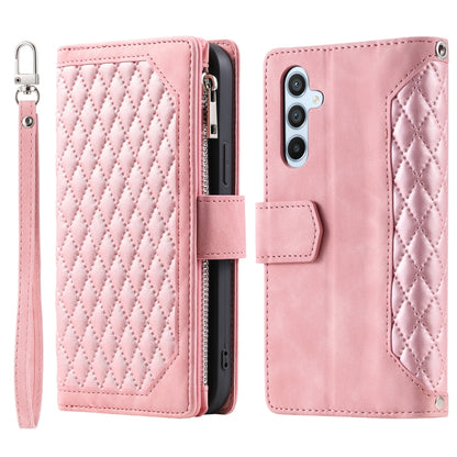 For Samsung Galaxy S25 5G Grid Texture Zipper Leather Phone Case with Lanyard(Rose Gold) - Galaxy S25 5G Cases by buy2fix | Online Shopping UK | buy2fix