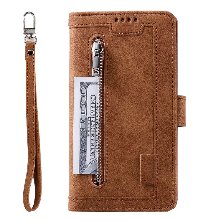 For Samsung Galaxy S25 5G Nine Card Zipper Bag Leather Phone Case with Lanyard(Brown) - Galaxy S25 5G Cases by buy2fix | Online Shopping UK | buy2fix