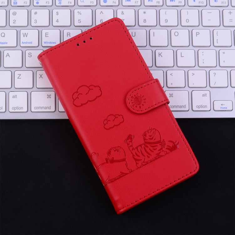 For iPhone 16 Plus Cute Cats RFID Leather Phone Case(Red) - iPhone 16 Plus Cases by buy2fix | Online Shopping UK | buy2fix