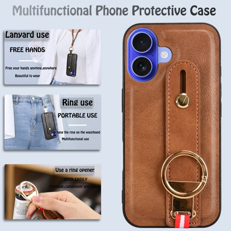 For iPhone 16 Plus Wristband Leather Back Phone Case(Brown) - iPhone 16 Plus Cases by buy2fix | Online Shopping UK | buy2fix