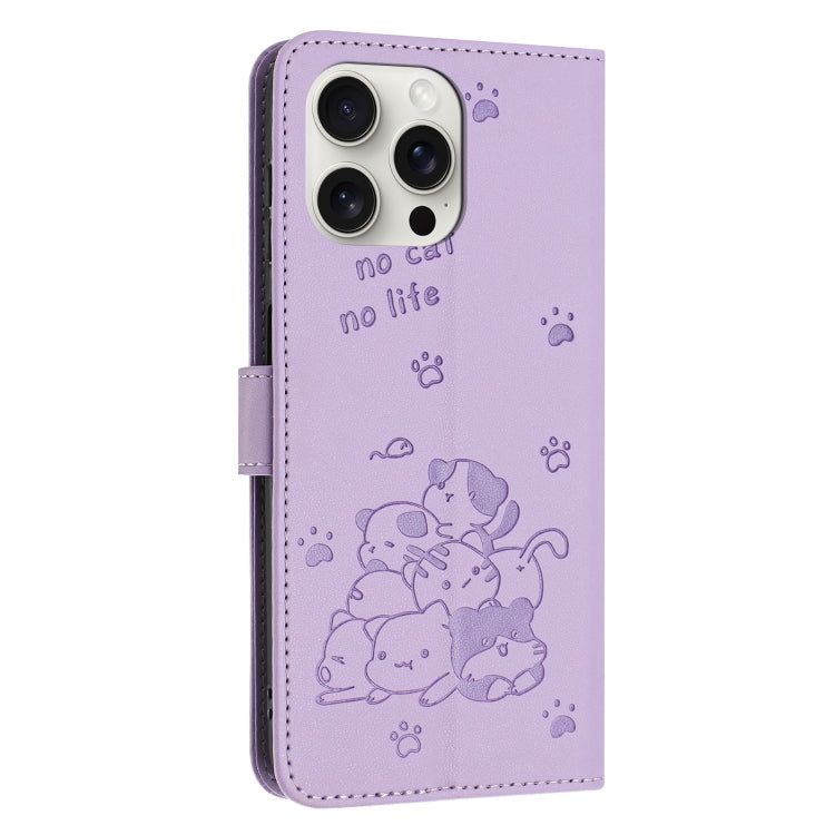 For iPhone 16 Pro Max Embossed Kitten Phone Leather Case with Lanyard(Purple) - iPhone 16 Pro Max Cases by buy2fix | Online Shopping UK | buy2fix