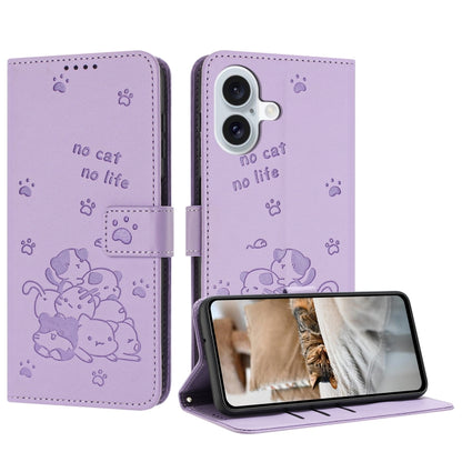 For iPhone 16 Plus Embossed Kitten Phone Leather Case with Lanyard(Purple) - iPhone 16 Plus Cases by buy2fix | Online Shopping UK | buy2fix