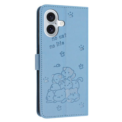 For iPhone 16 Embossed Kitten Phone Leather Case with Lanyard(Blue) - iPhone 16 Cases by buy2fix | Online Shopping UK | buy2fix