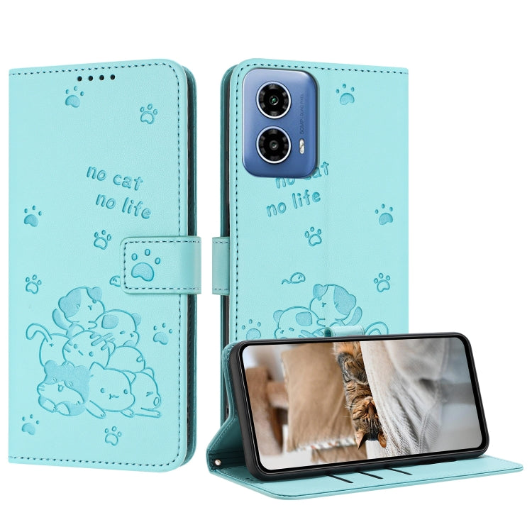 For Motorola Edge 2024 5G Embossed Kitten Phone Leather Case with Lanyard(Mint Green) - Motorola Cases by buy2fix | Online Shopping UK | buy2fix