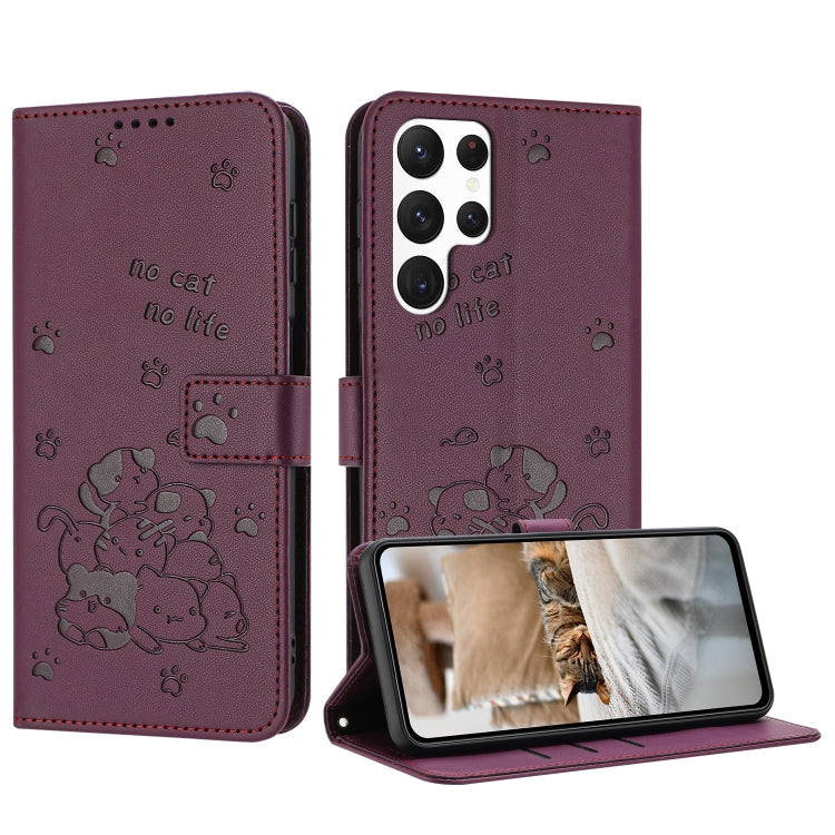 For Samsung Galaxy S25 Ultra 5G Embossed Kitten Phone Leather Case with Lanyard(Wine Red) - Galaxy S25 Ultra 5G Cases by buy2fix | Online Shopping UK | buy2fix