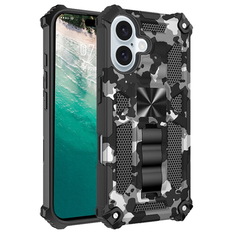 For iPhone 16 Plus Camouflage Armor Kickstand TPU Hybrid PC Magnetic Phone Case(Black) - iPhone 16 Plus Cases by buy2fix | Online Shopping UK | buy2fix