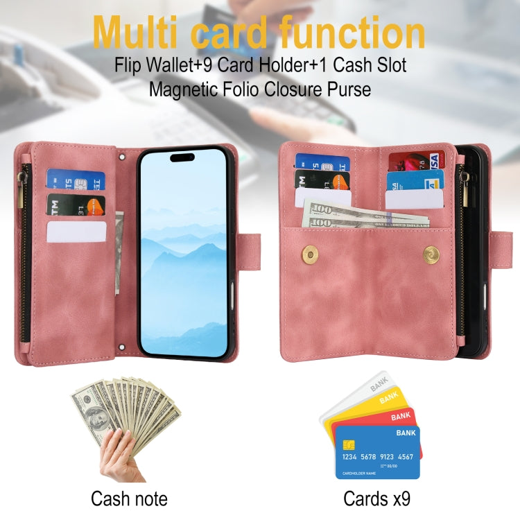 For iPhone 16 Plus Dream 9-Card Zipper Wallet RFID Leather Phone Case with Lanyard(Rose Gold) - iPhone 16 Plus Cases by buy2fix | Online Shopping UK | buy2fix