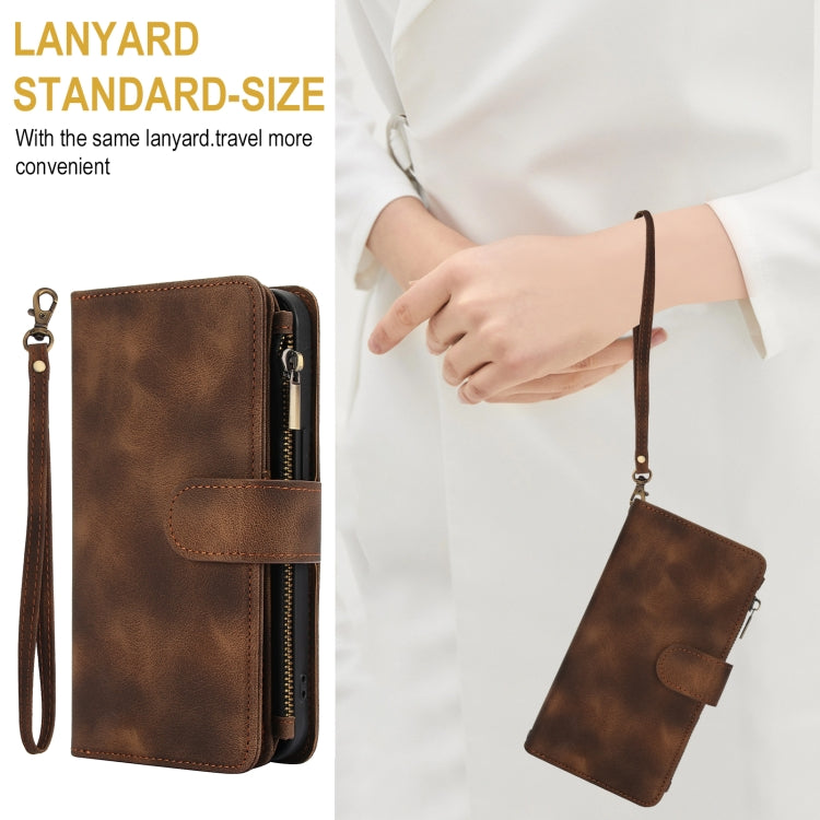 For iPhone 16 Plus Dream 9-Card Zipper Wallet RFID Leather Phone Case with Lanyard(Brown) - iPhone 16 Plus Cases by buy2fix | Online Shopping UK | buy2fix