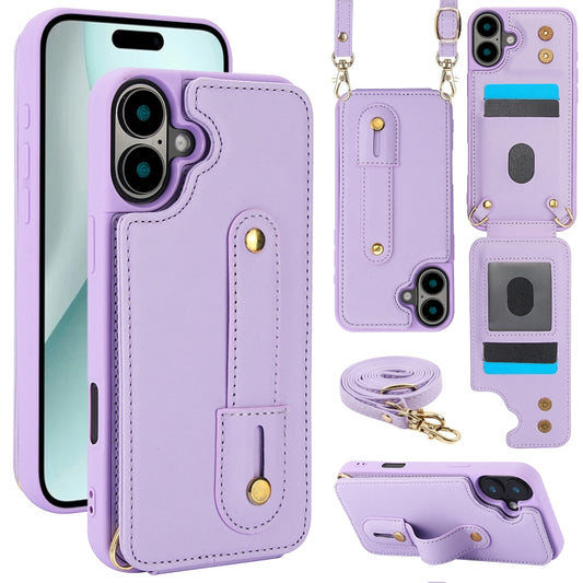 For iPhone 16 Plus Wristband Vertical Flip Wallet Back Cover Phone Case with Long Lanyard(Purple) - iPhone 16 Plus Cases by buy2fix | Online Shopping UK | buy2fix