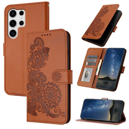 For Samsung Galaxy S25 Ultra 5G Datura Flower Embossed Flip Leather Phone Case(Brown) - Galaxy S25 Ultra 5G Cases by buy2fix | Online Shopping UK | buy2fix