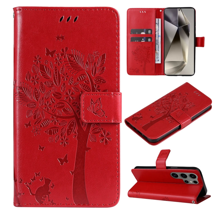 For Samsung Galaxy S25 Ultra 5G Tree & Cat Embossed Pattern Flip Leather Phone Case(Red) - Galaxy S25 Ultra 5G Cases by buy2fix | Online Shopping UK | buy2fix