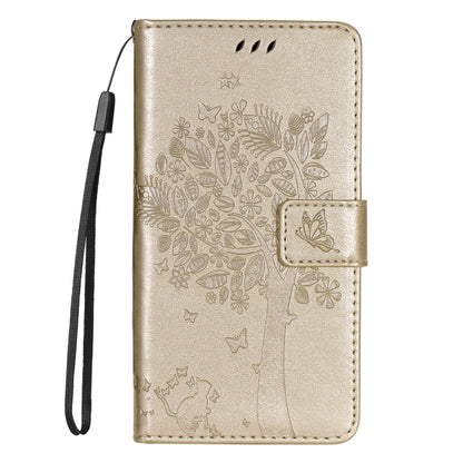 For Samsung Galaxy S25 Ultra 5G Tree & Cat Embossed Pattern Flip Leather Phone Case(Gold) - Galaxy S25 Ultra 5G Cases by buy2fix | Online Shopping UK | buy2fix