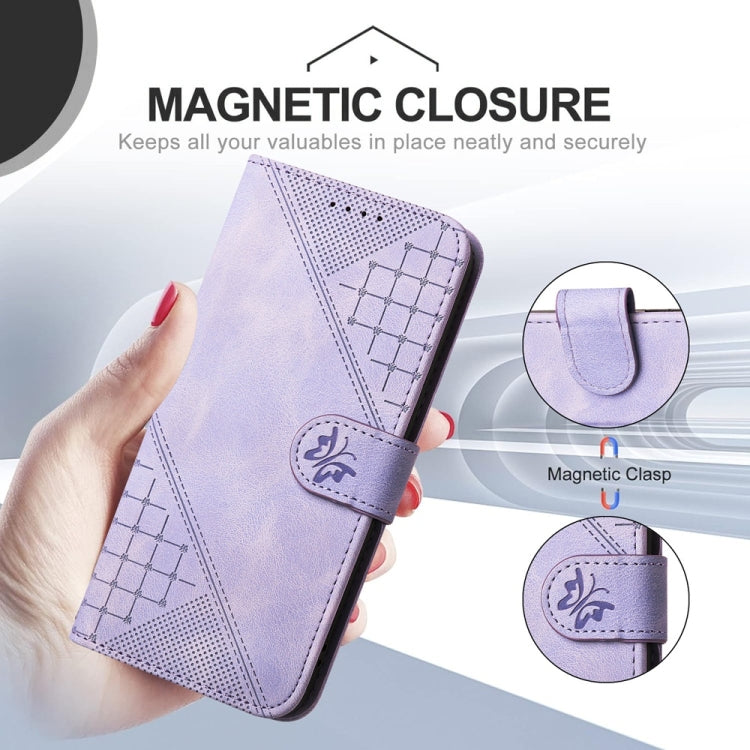 For Samsung Galaxy S25 5G YX0080 Grid Butterfly Embossed Pattern Flip Leather Phone Case with Lanyard(Light Purple) - Galaxy S25 5G Cases by buy2fix | Online Shopping UK | buy2fix