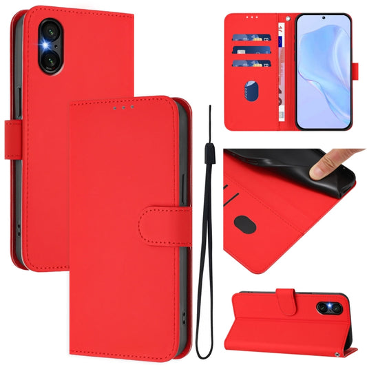 For Sony Xperia 5 VI 2024 Skin Feel Solid Color Leather Phone Case with Lanyard(Red) - Sony Cases by buy2fix | Online Shopping UK | buy2fix