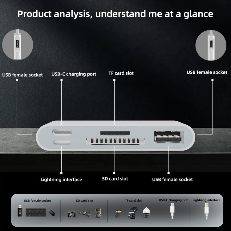 NK-1055TL Pro USB-C / Type-C, 8 Pin, USB to USB-C / Type-C, 8 Pin, 3 x USB, TF / SD Card Multi-function Adapter(White) - U Disk & Card Reader by buy2fix | Online Shopping UK | buy2fix