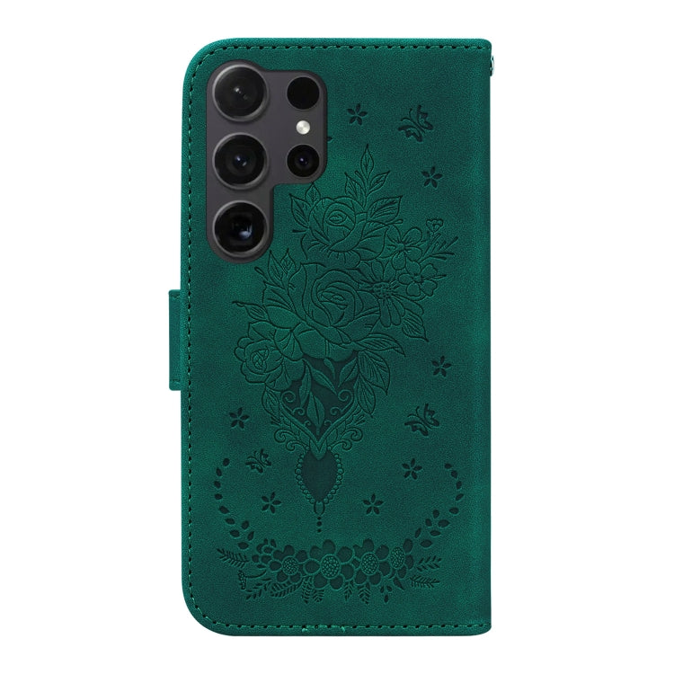 For Samsung Galaxy S25 Ultra 5G Butterfly Rose Embossed Leather Phone Case(Green) - Galaxy S25 Ultra 5G Cases by buy2fix | Online Shopping UK | buy2fix