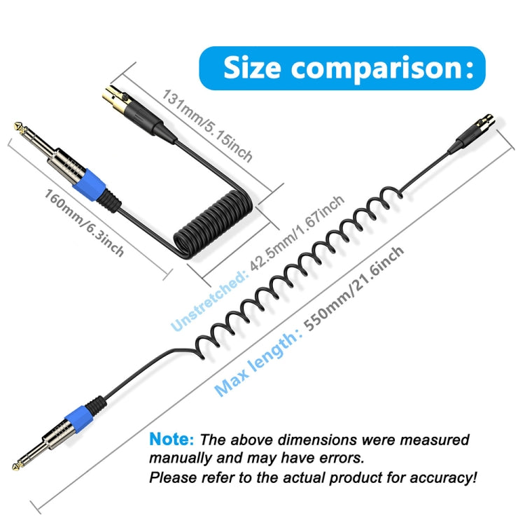 Mini 3 Pin XLR to 6.35mm Stereo Microphone Aux Audio Cable Coiled Adapter Cable, Length: 0.5m(Black) - Microphone Audio Cable & Connector by buy2fix | Online Shopping UK | buy2fix