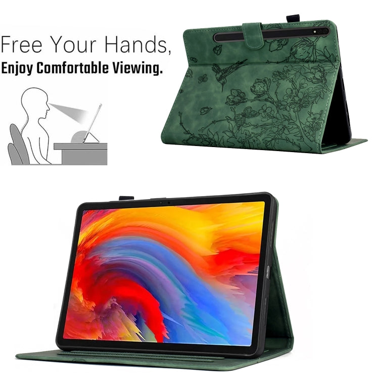 For Samsung Galaxy Tab S9 Flowers and Bird Embossed Smart Leather Tablet Case(Green) - Galaxy Tab S9 Cases by buy2fix | Online Shopping UK | buy2fix