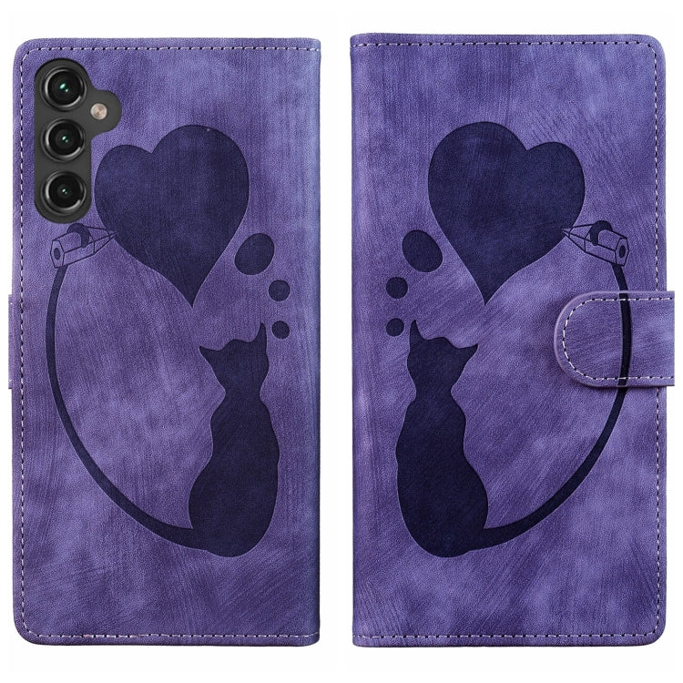 For Samsung Galaxy S25 5G Pen Heart Cat Embossed Leather Phone Case(Purple) - Galaxy S25 5G Cases by buy2fix | Online Shopping UK | buy2fix