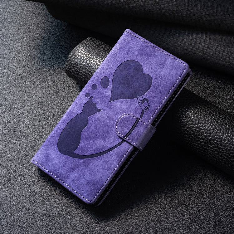 For Samsung Galaxy S25 5G Pen Heart Cat Embossed Leather Phone Case(Purple) - Galaxy S25 5G Cases by buy2fix | Online Shopping UK | buy2fix