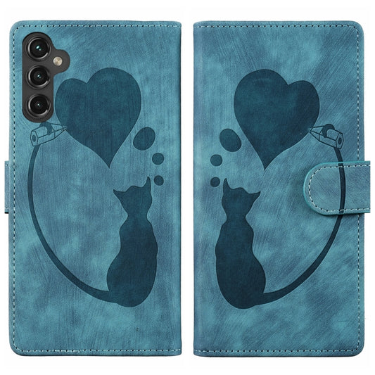 For Samsung Galaxy S25 5G Pen Heart Cat Embossed Leather Phone Case(Blue) - Galaxy S25 5G Cases by buy2fix | Online Shopping UK | buy2fix