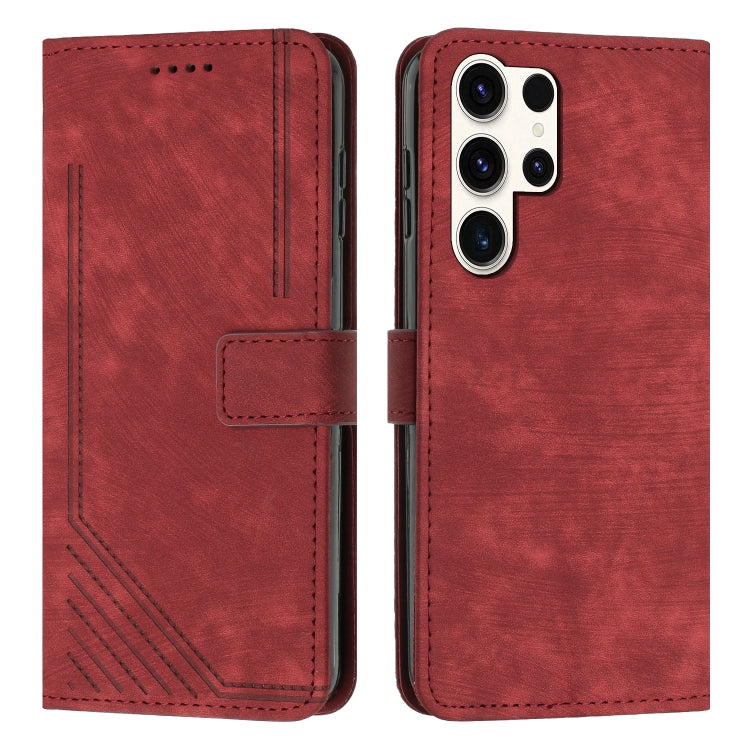 For Samsung Galaxy S25 Ultra 5G Skin Feel Stripe Pattern Leather Phone Case with Long Lanyard(Red) - Galaxy S25 Ultra 5G Cases by buy2fix | Online Shopping UK | buy2fix