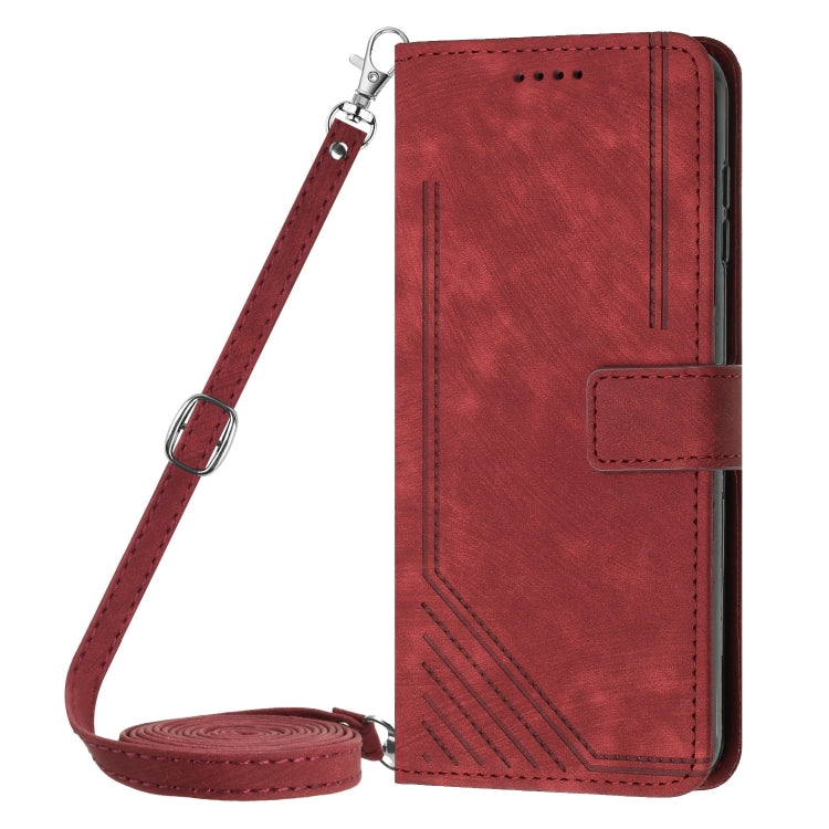 For Samsung Galaxy S25 Ultra 5G Skin Feel Stripe Pattern Leather Phone Case with Long Lanyard(Red) - Galaxy S25 Ultra 5G Cases by buy2fix | Online Shopping UK | buy2fix