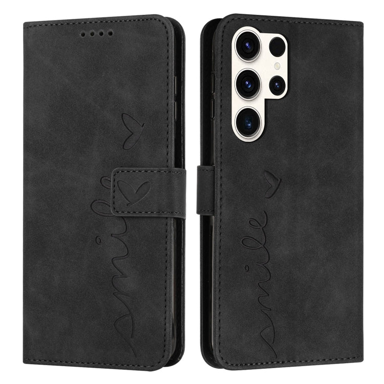 For Samsung Galaxy S25 Ultra 5G Skin Feel Heart Embossed Leather Phone Case with Long Lanyard(Black) - Galaxy S25 Ultra 5G Cases by buy2fix | Online Shopping UK | buy2fix