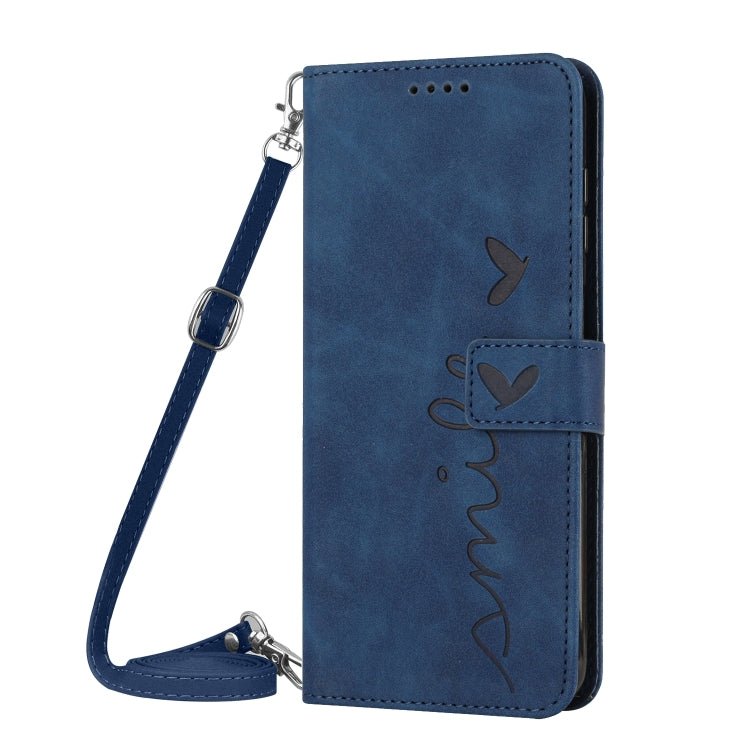 For Samsung Galaxy S25 Ultra 5G Skin Feel Heart Embossed Leather Phone Case with Long Lanyard(Blue) - Galaxy S25 Ultra 5G Cases by buy2fix | Online Shopping UK | buy2fix