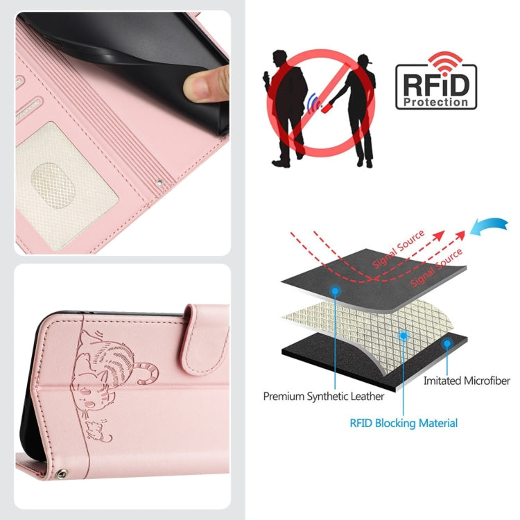 For Boost Mobile Celero 5G 2024 Cat Rat Embossed RFID Leather Phone Case with Lanyard(Pink) - More Brand by buy2fix | Online Shopping UK | buy2fix