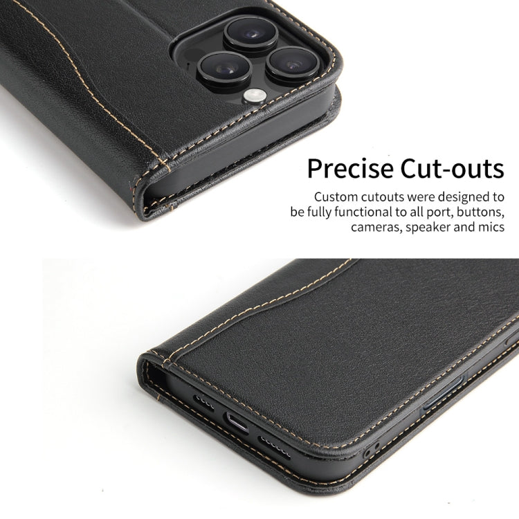 For iPhone 16 Pro Fierre Shann Cowhide Leather Flip Leather Phone Case(Black) - iPhone 16 Pro Cases by FIERRE SHANN | Online Shopping UK | buy2fix