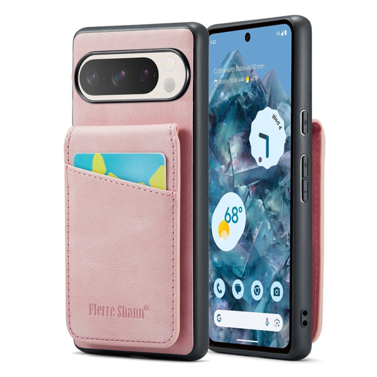 For Google Pixel 9 Pro XL Fierre Shann Crazy Horse Card Holder Back Cover PU Phone Case(Pink) - Google Cases by FIERRE SHANN | Online Shopping UK | buy2fix