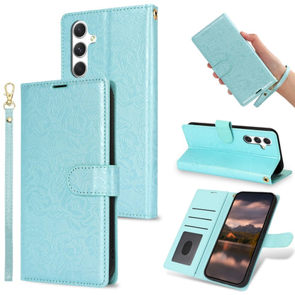 For Samsung Galaxy S25 5G Peony Flowers Imprint Leather Phone Case(Sky Blue) - Galaxy S25 5G Cases by buy2fix | Online Shopping UK | buy2fix