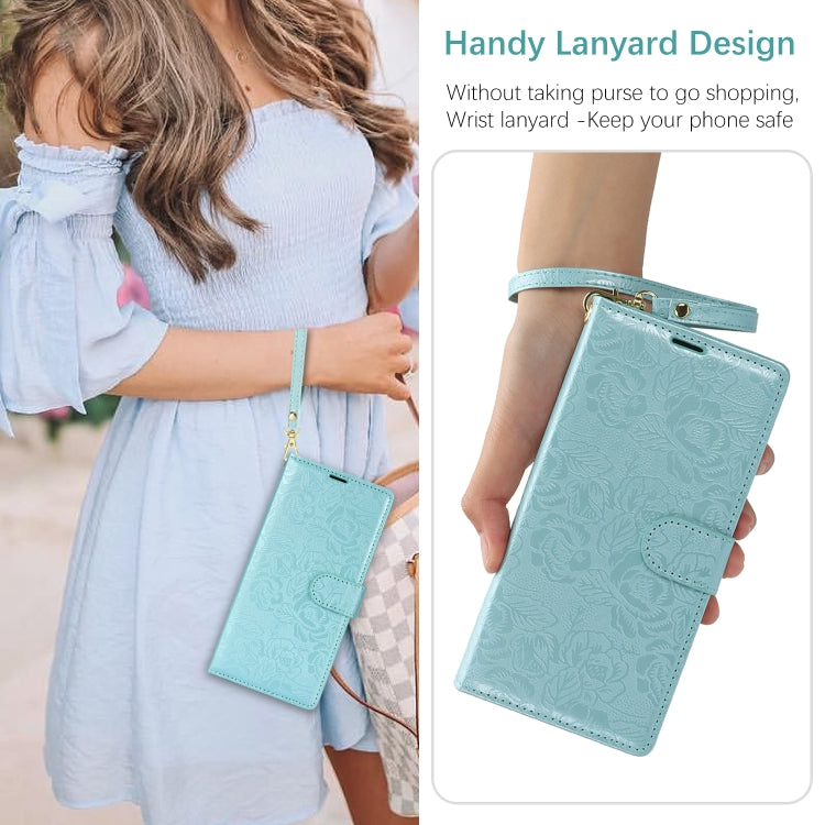 For Samsung Galaxy S25 5G Peony Flowers Imprint Leather Phone Case(Sky Blue) - Galaxy S25 5G Cases by buy2fix | Online Shopping UK | buy2fix