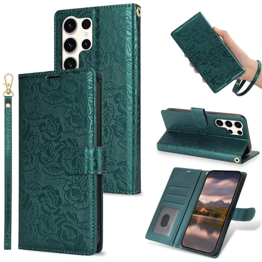 For Samsung Galaxy S25 Ultra 5G Peony Flowers Imprint Leather Phone Case(Green) - Galaxy S25 Ultra 5G Cases by buy2fix | Online Shopping UK | buy2fix