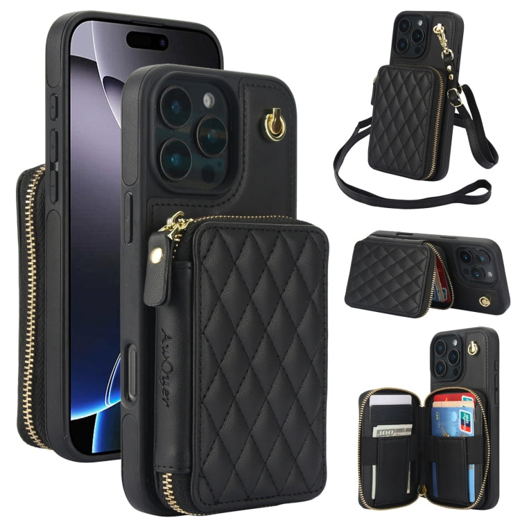 For iPhone 16 Pro Max AwQuer Crossbody Zipper Wallet Rhombic Leather Back Phone Case(Black) - iPhone 16 Pro Max Cases by Awquer | Online Shopping UK | buy2fix