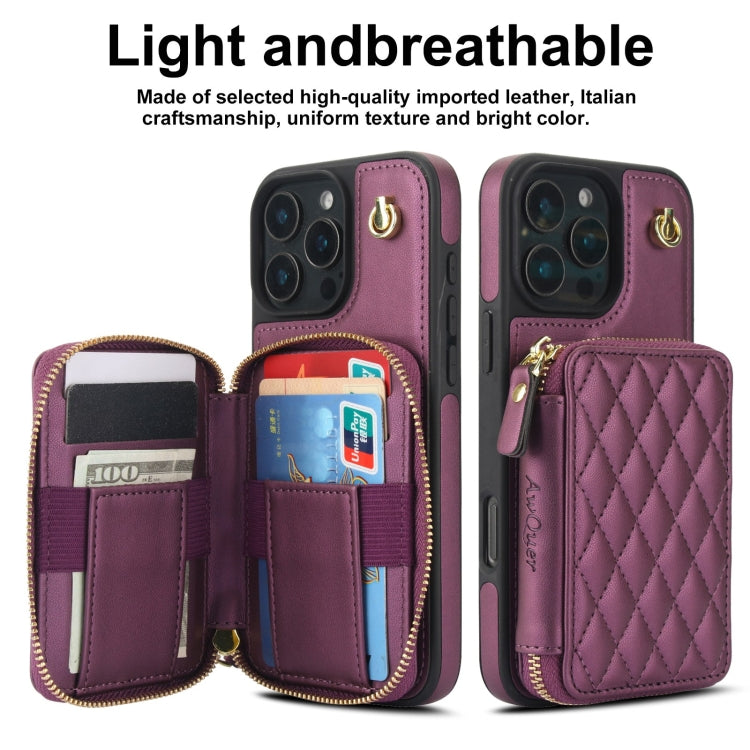 For iPhone 16 Pro Max AwQuer Crossbody Zipper Wallet Rhombic Leather Back Phone Case(Dark Purple) - iPhone 16 Pro Max Cases by Awquer | Online Shopping UK | buy2fix