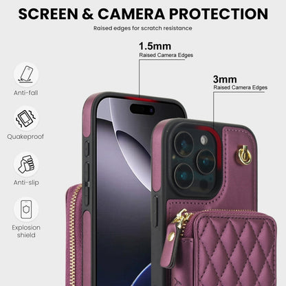 For iPhone 16 Pro AwQuer Crossbody Zipper Wallet Rhombic Leather Back Phone Case(Dark Purple) - iPhone 16 Pro Cases by Awquer | Online Shopping UK | buy2fix