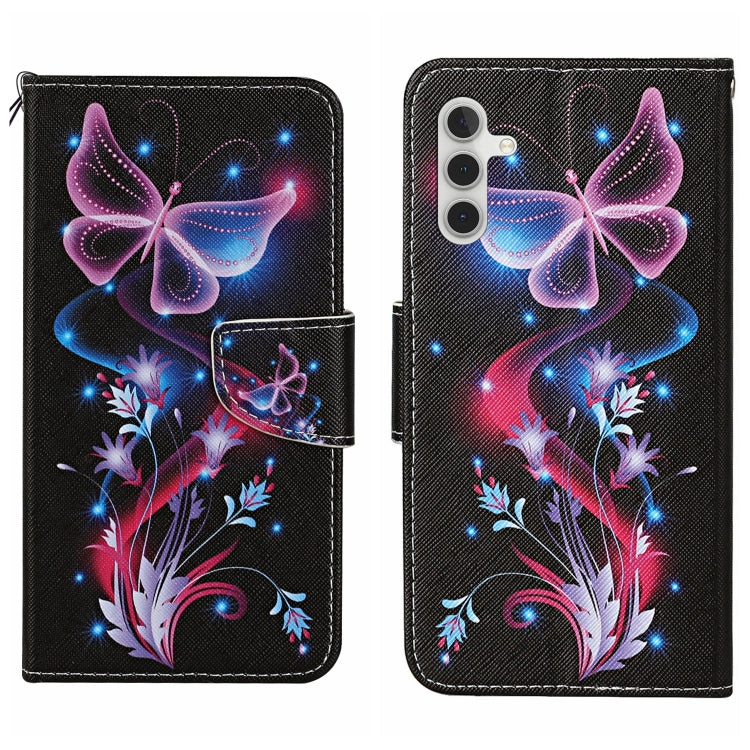 For Samsung Galaxy S25 5G Colored Drawing Pattern Leather Phone Case(Fluorescent Butterfly) - Galaxy S25 5G Cases by buy2fix | Online Shopping UK | buy2fix