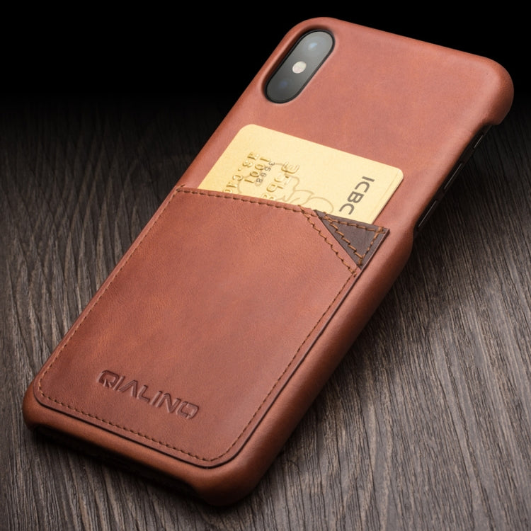 For iPhone X / XS QIALINO Shockproof Cowhide Leather Protective Case with Card Slot(Dark Brown) - More iPhone Cases by QIALINO | Online Shopping UK | buy2fix