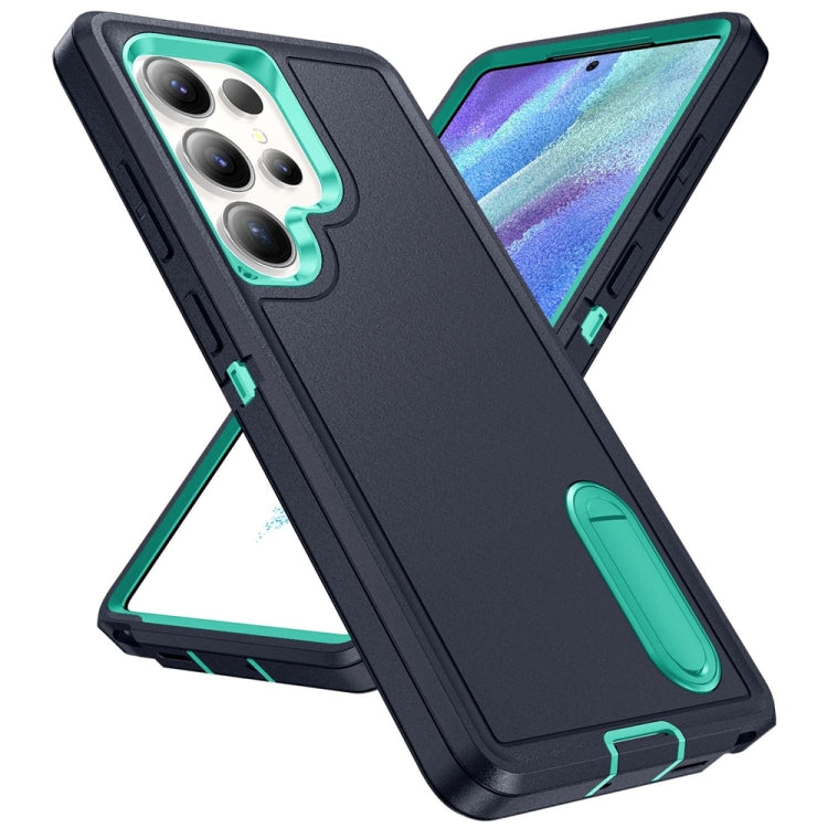 For Samsung Galaxy S25 Ultra 5G Rugged PC Hybrid Silicone Phone Case with Holder(Dark Blue+Light Green) - Galaxy S25 Ultra 5G Cases by buy2fix | Online Shopping UK | buy2fix