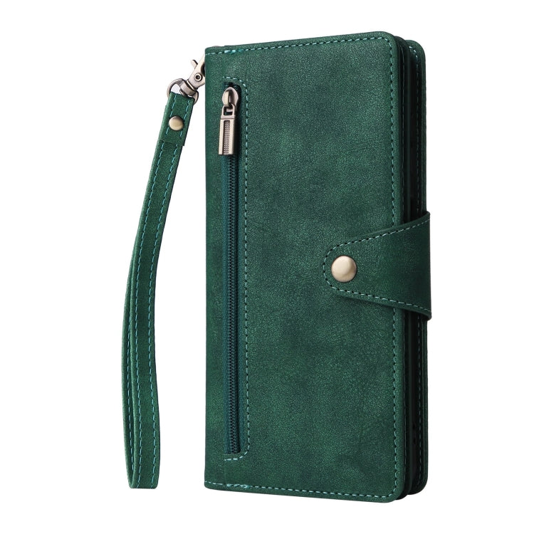 For Samsung Galaxy S25 5G Rivet Buckle 9 Cards Three Fold Leather Phone Case(Green) - Galaxy S25 5G Cases by buy2fix | Online Shopping UK | buy2fix