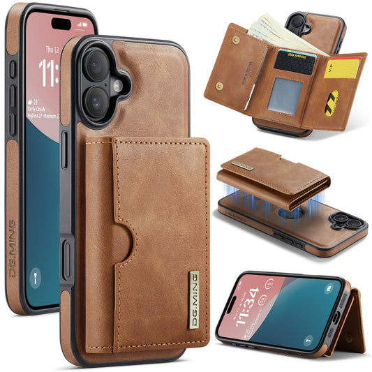 For iPhone 16 Plus DG.MING M6 Series RFID Tri-fold Card Bag Removable Leather Phone Case(Brown) - iPhone 16 Plus Cases by DG.MING | Online Shopping UK | buy2fix