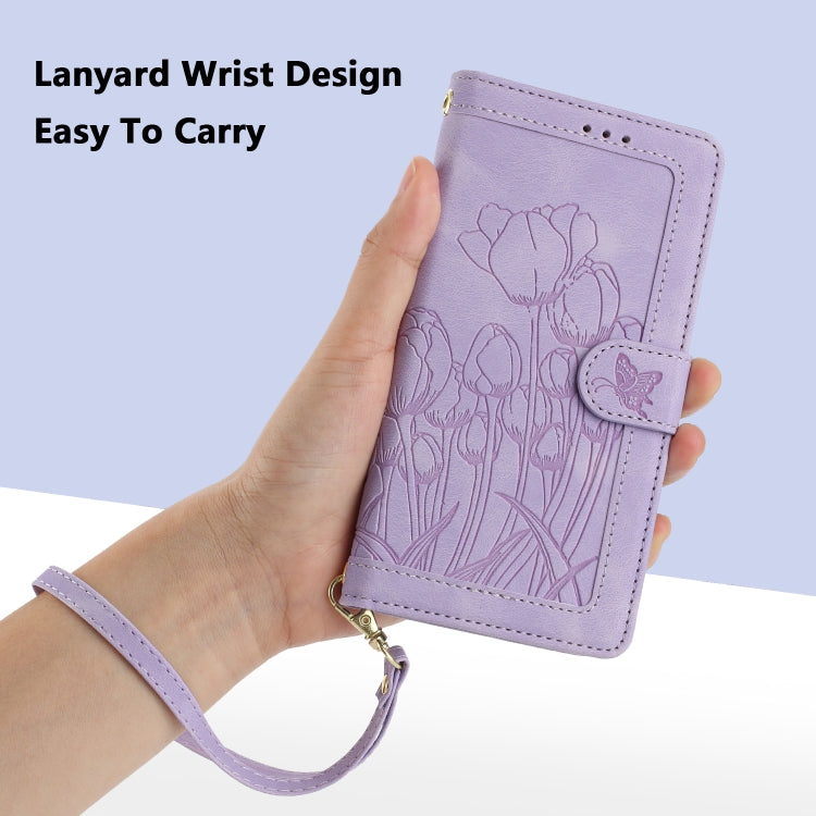 For Samsung Galaxy S25+ 5G Tulips Embossed Leather Phone Case with Lanyard(Purple) - Galaxy S25+ 5G Cases by buy2fix | Online Shopping UK | buy2fix