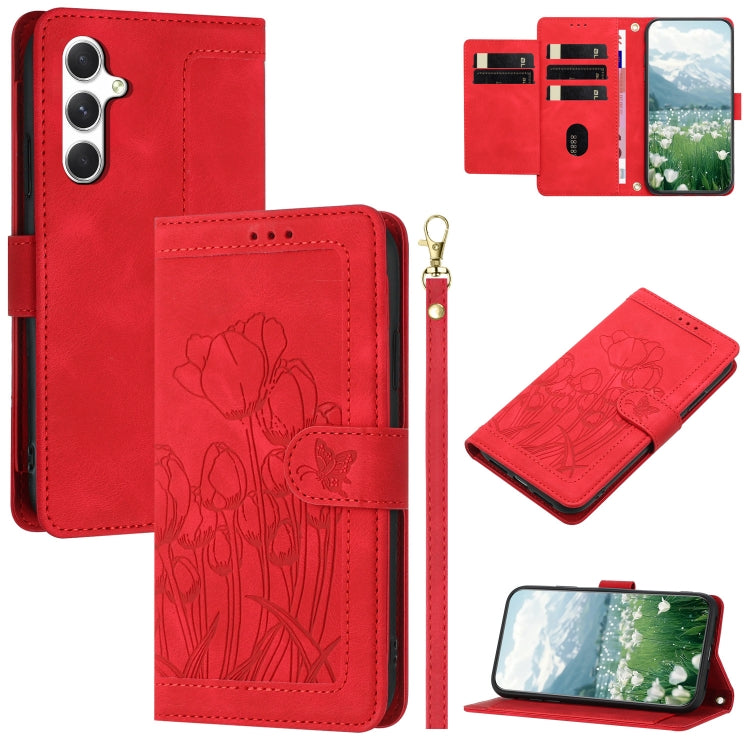 For Samsung Galaxy S25 5G Tulips Embossed Leather Phone Case with Lanyard(Red) - Galaxy S25 5G Cases by buy2fix | Online Shopping UK | buy2fix