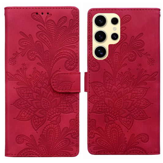 For Samsung Galaxy S25 Ultra 5G Lace Floral Embossed Magnetic Buckle PU Phone Case With Wrist Strap(Red) - Galaxy S25 Ultra 5G Cases by buy2fix | Online Shopping UK | buy2fix