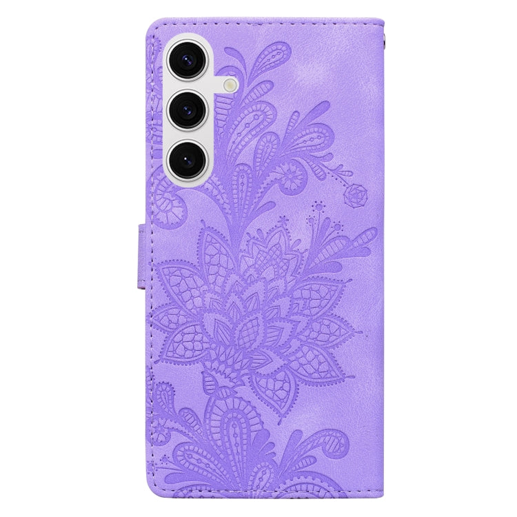 For Samsung Galaxy S25+ 5G Lace Floral Embossed Magnetic Buckle PU Phone Case With Wrist Strap(Purple) - Galaxy S25+ 5G Cases by buy2fix | Online Shopping UK | buy2fix