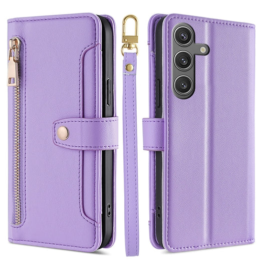 For Samsung Galaxy S25 5G Sheep Texture Cross-body Zipper Wallet Leather Phone Case(Purple) - Galaxy S25 5G Cases by buy2fix | Online Shopping UK | buy2fix