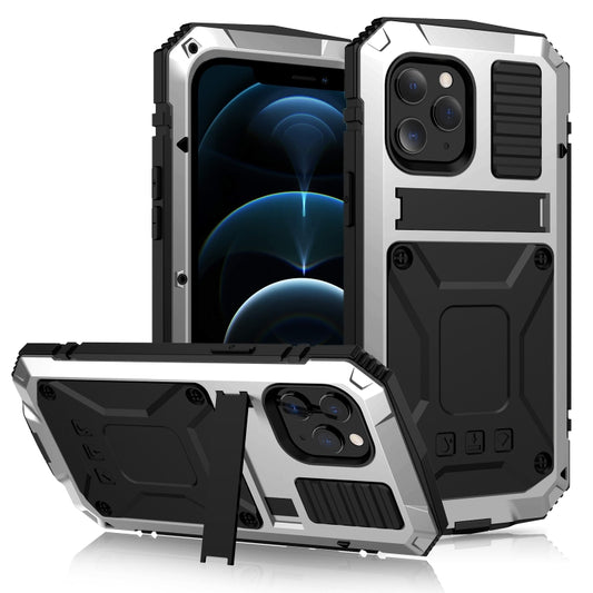 For iPhone 12 Pro Max R-JUST Shockproof Waterproof Dust-proof Metal + Silicone Protective Case with Holder(Silver) - iPhone 12 Pro Max Cases by R-JUST | Online Shopping UK | buy2fix