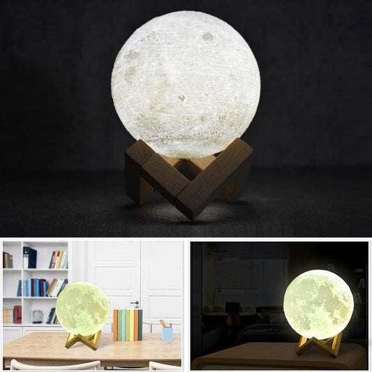 8cm Touch Control 3D Print Moon Lamp, USB Charging White + Yellow Light Color Changing LED Energy-saving Night Light with Wooden Holder Base - Night Lights by buy2fix | Online Shopping UK | buy2fix